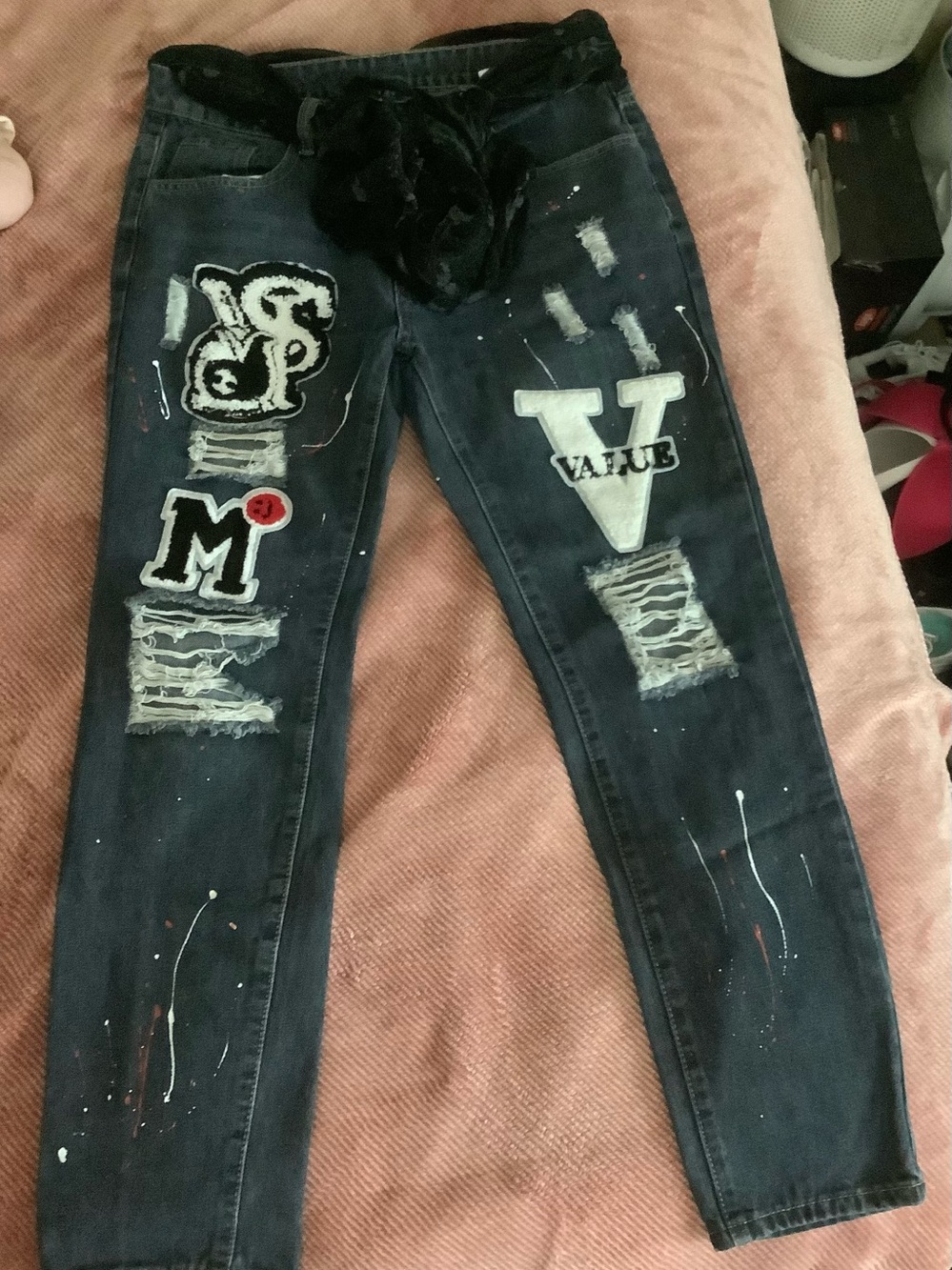 Dark Blue Distressed Patchwork Women's Jeans